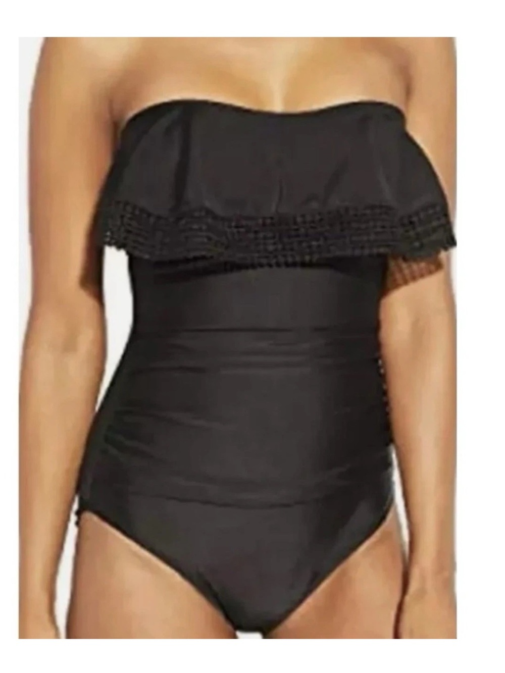Kona Sol | ruffle crochet trim bust Bandeau ruched one piece swimsuit black XL
